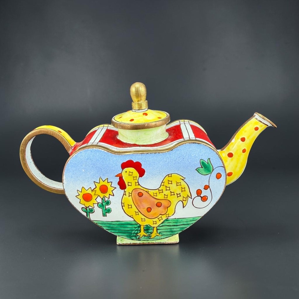 Kelvin Chen 1999 Miniature Rooster Heart Enamel Teapot US 80 CP Hand Painted 3x4